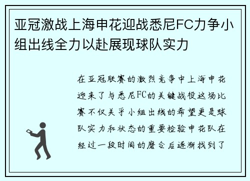 亚冠激战上海申花迎战悉尼FC力争小组出线全力以赴展现球队实力